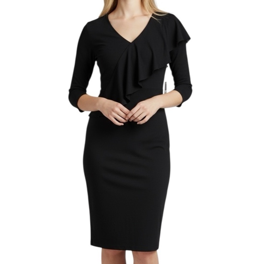 NWT VINCE CAMUTO Black Asymmetrical Ruffle Detail V-Neck Dress Size Small
